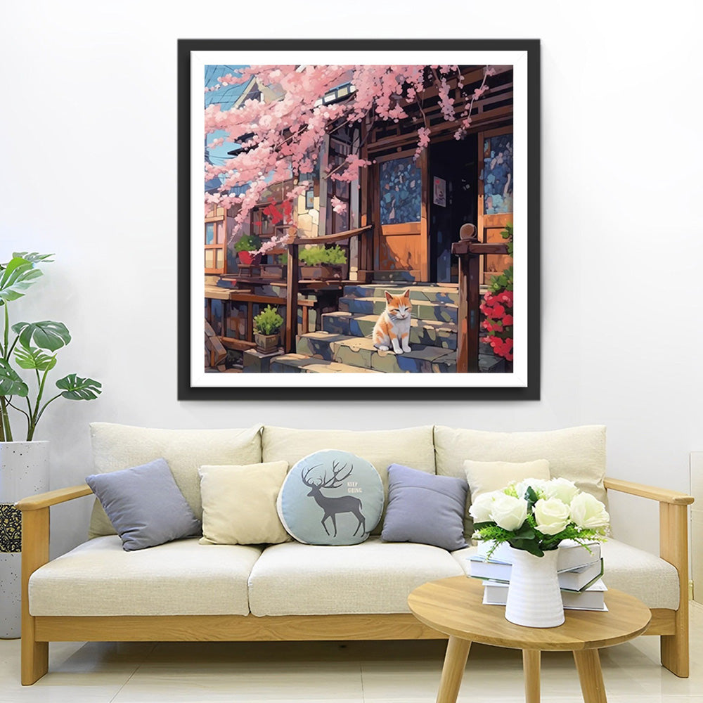 Kat op de Trap van het Houten Huis Diamond Painting