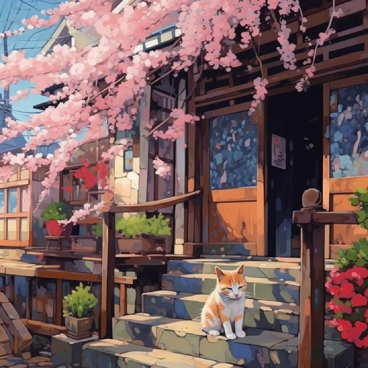 Kat op de Trap van het Houten Huis Diamond Painting