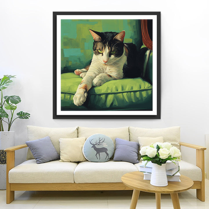 Kat op Groene Bank Diamond Painting