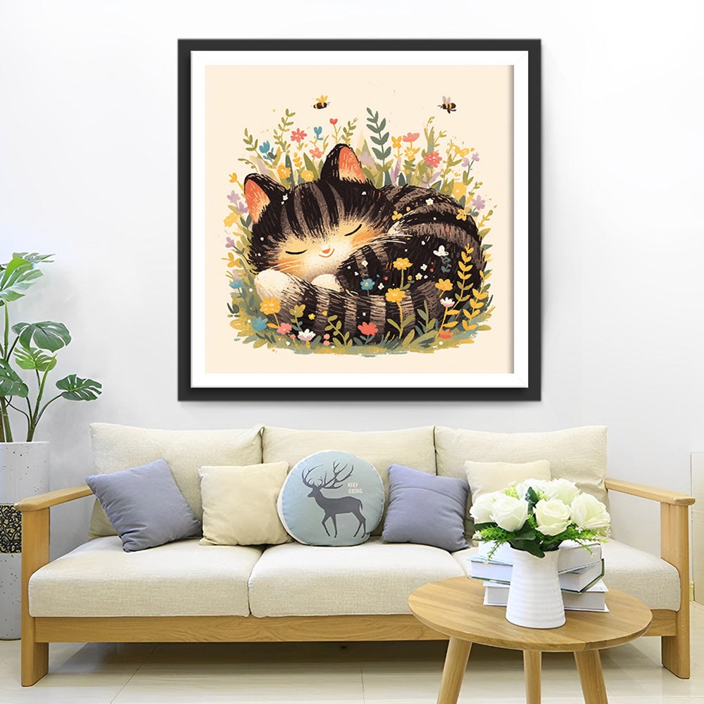 Kat Slaapt tussen de Bloemen Diamond Painting