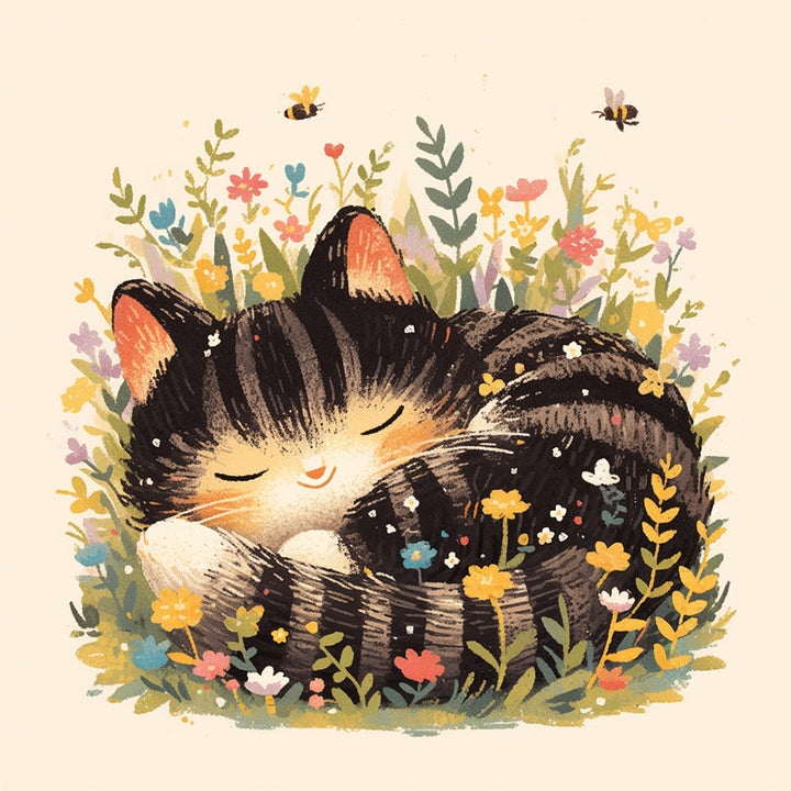 Kat Slaapt tussen de Bloemen Diamond Painting
