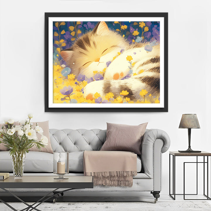 Kat Slapend in Bloemen Diamond Painting