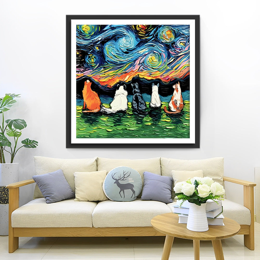 Katten en Sterrennacht Diamond Painting