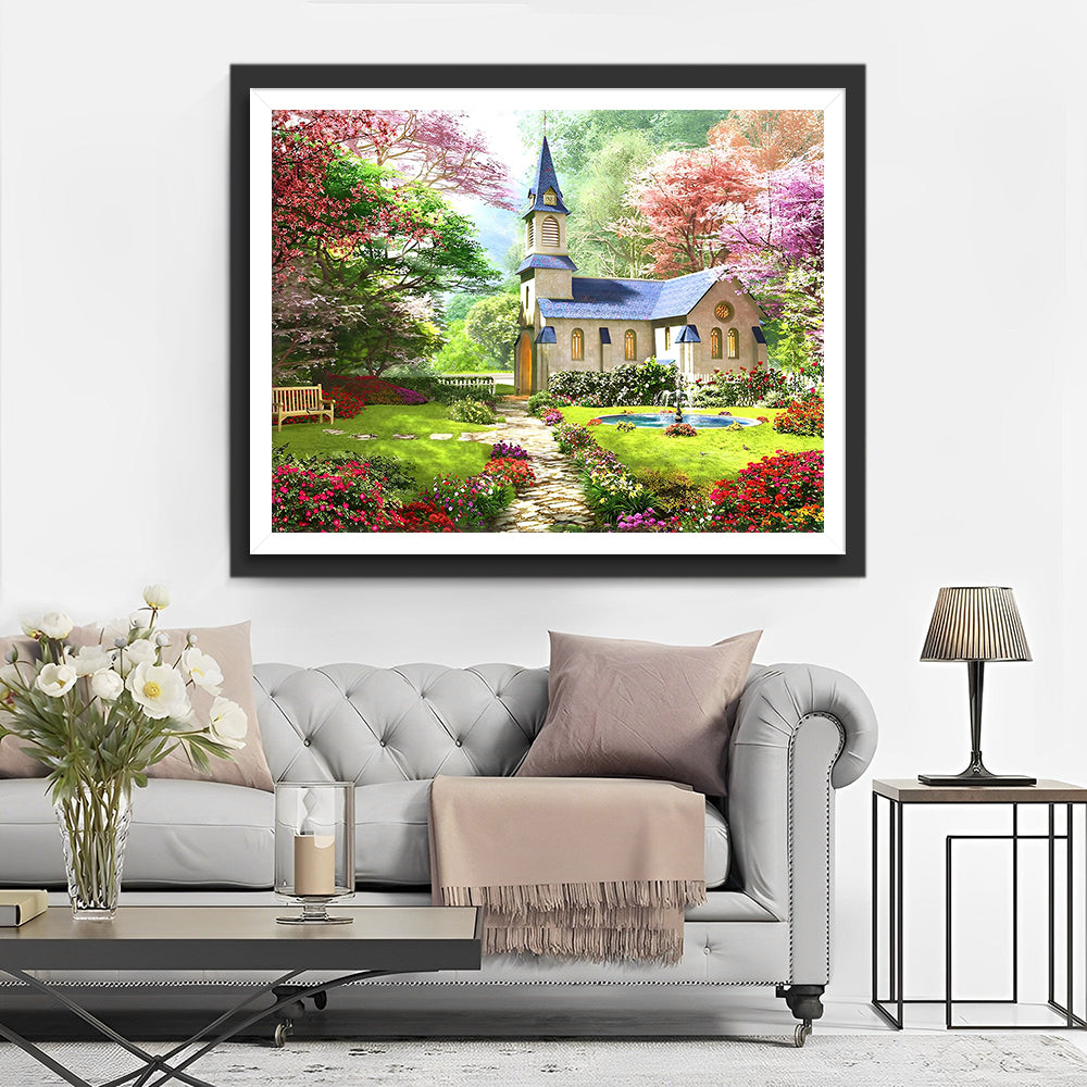 Kerk in de Lente Tuin Diamond Painting