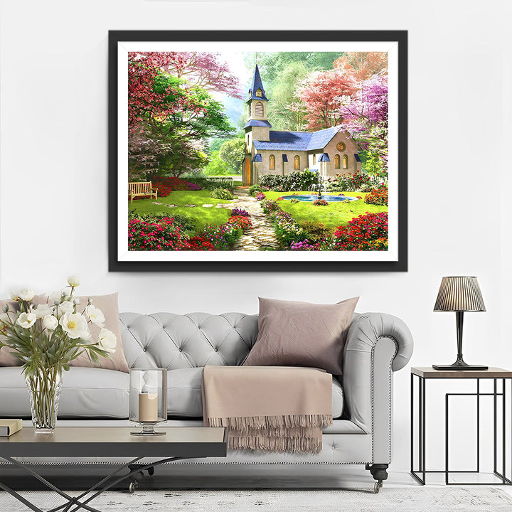 Kerk in de Lente Tuin Diamond Painting