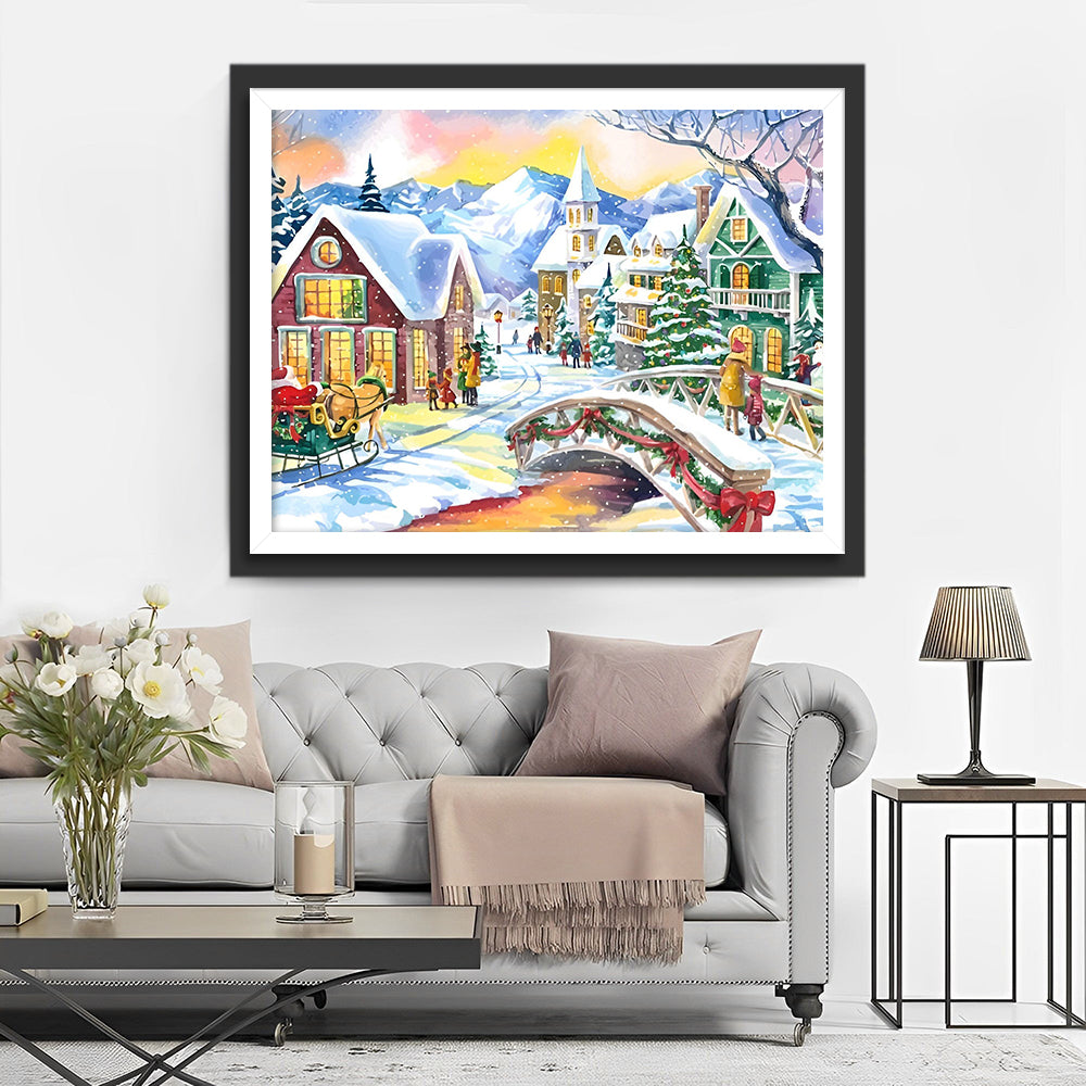 Kerst Sneeuwstad Diamond Painting