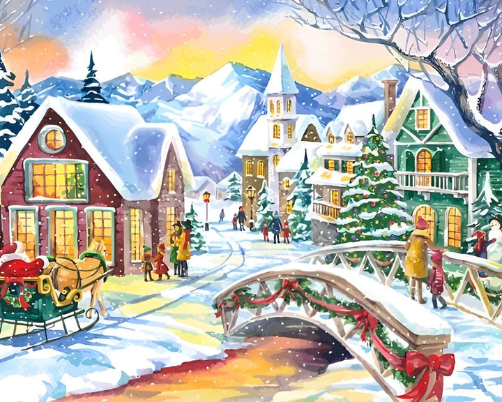 Kerst Sneeuwstad Diamond Painting