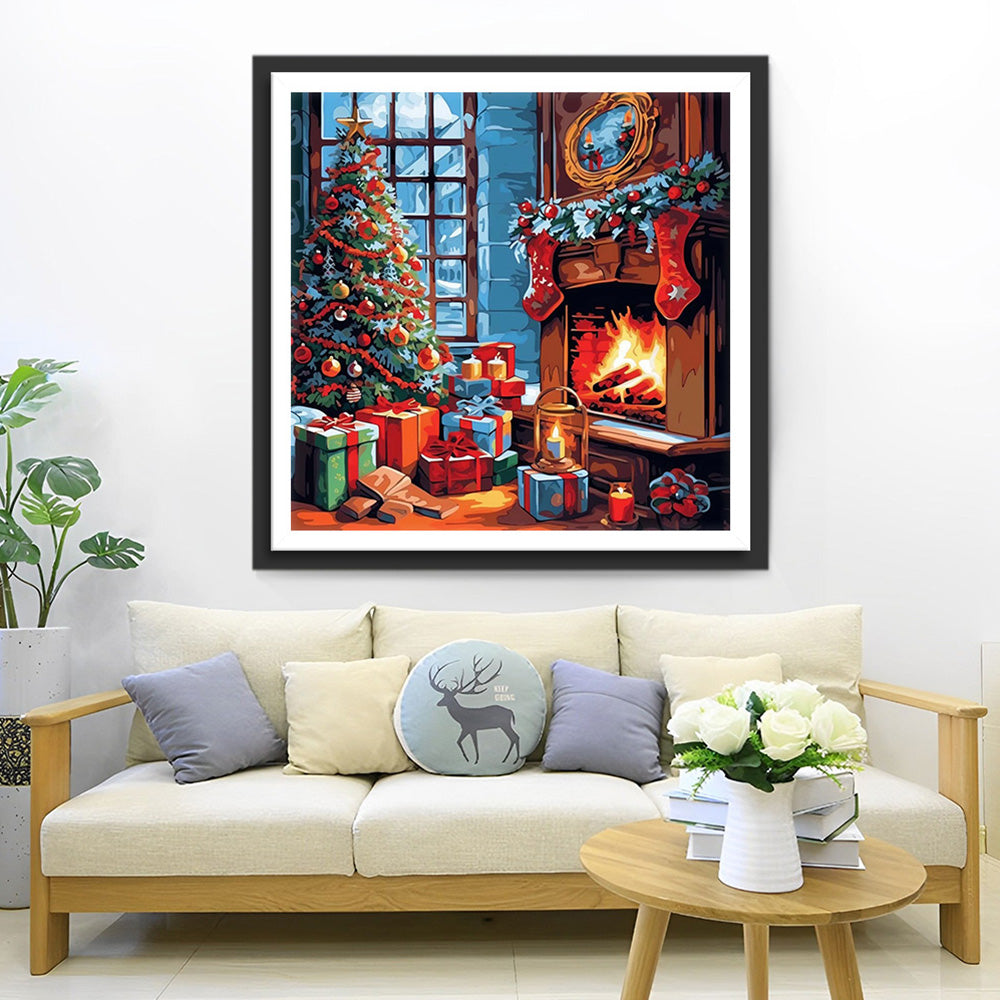 Kerstboom omringd door Cadeaus Diamond Painting