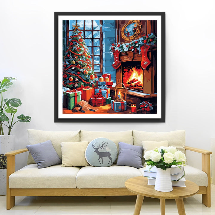 Kerstboom omringd door Cadeaus Diamond Painting