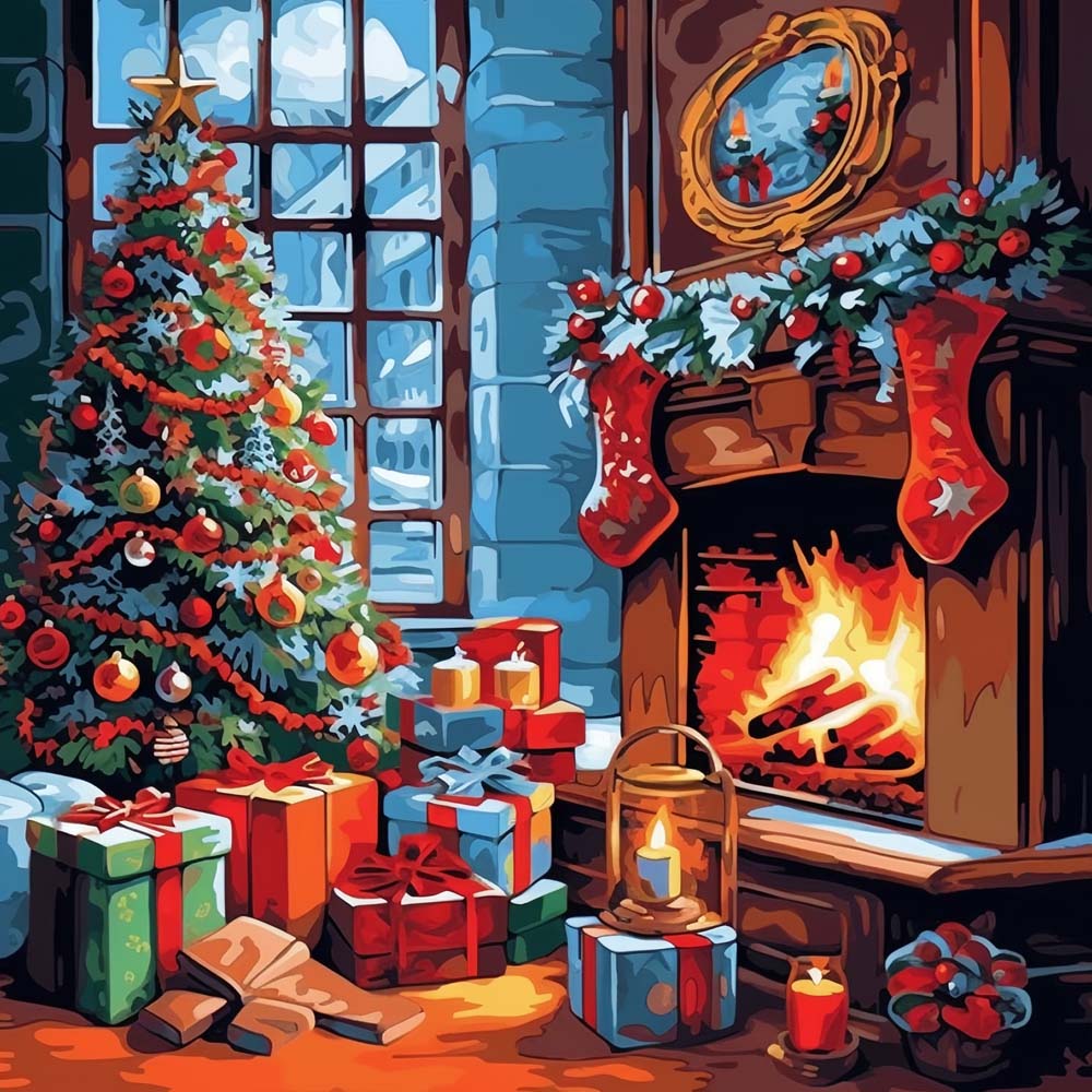 Kerstboom omringd door Cadeaus Diamond Painting