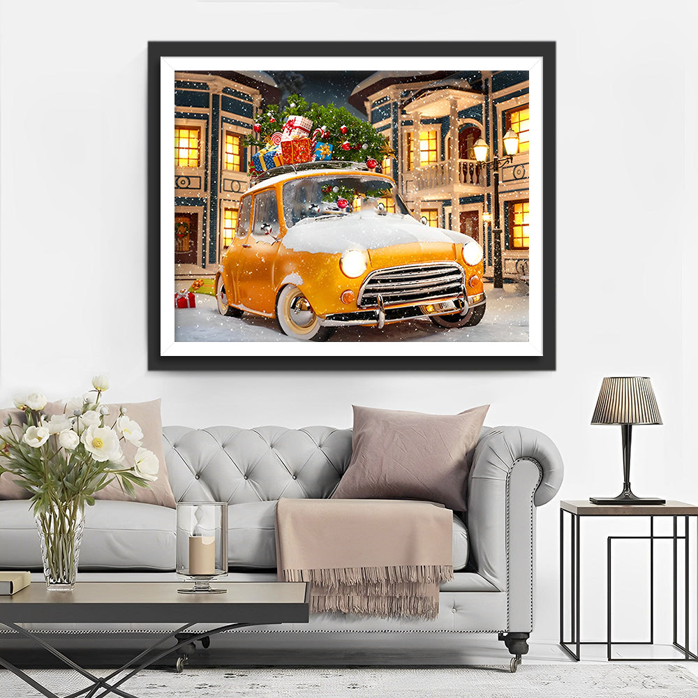 Kerstcadeaus op een Gele Auto in de Sneeuw Diamond Painting