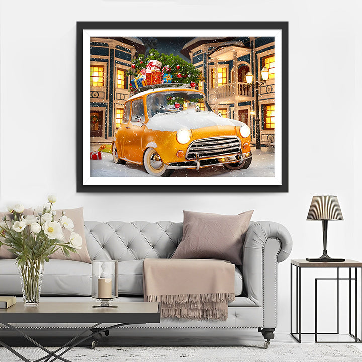 Kerstcadeaus op een Gele Auto in de Sneeuw Diamond Painting