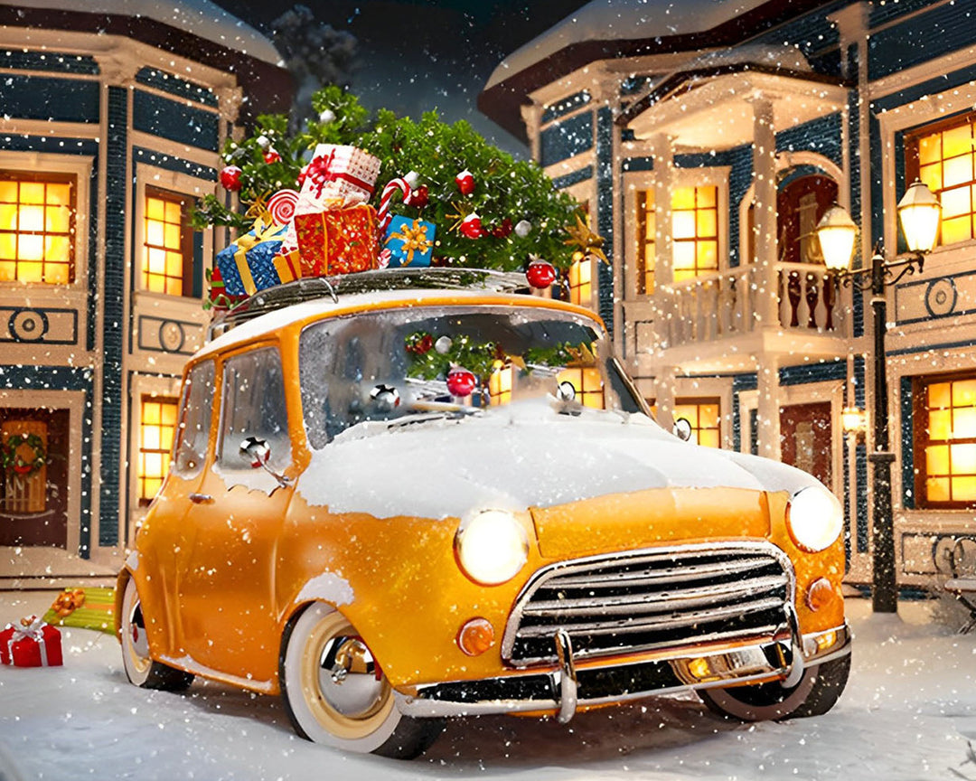 Kerstcadeaus op een Gele Auto in de Sneeuw Diamond Painting