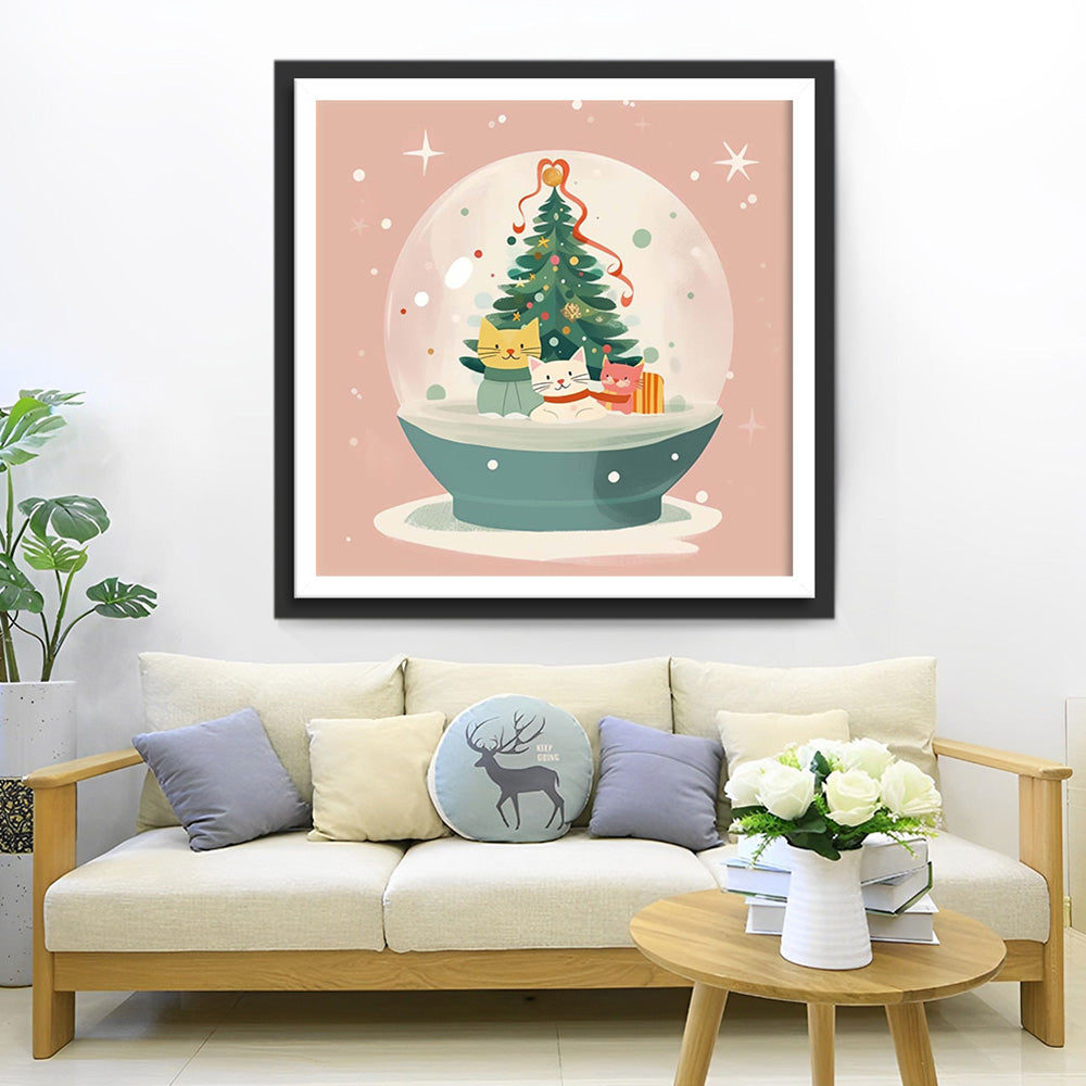 Kerstkat Sneeuwbol Diamond Painting