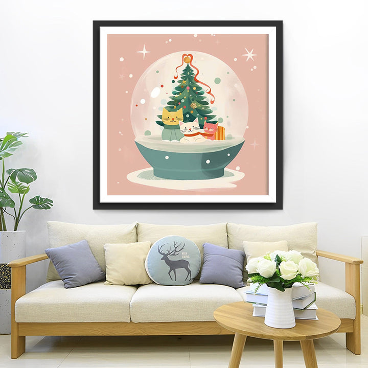 Kerstkat Sneeuwbol Diamond Painting