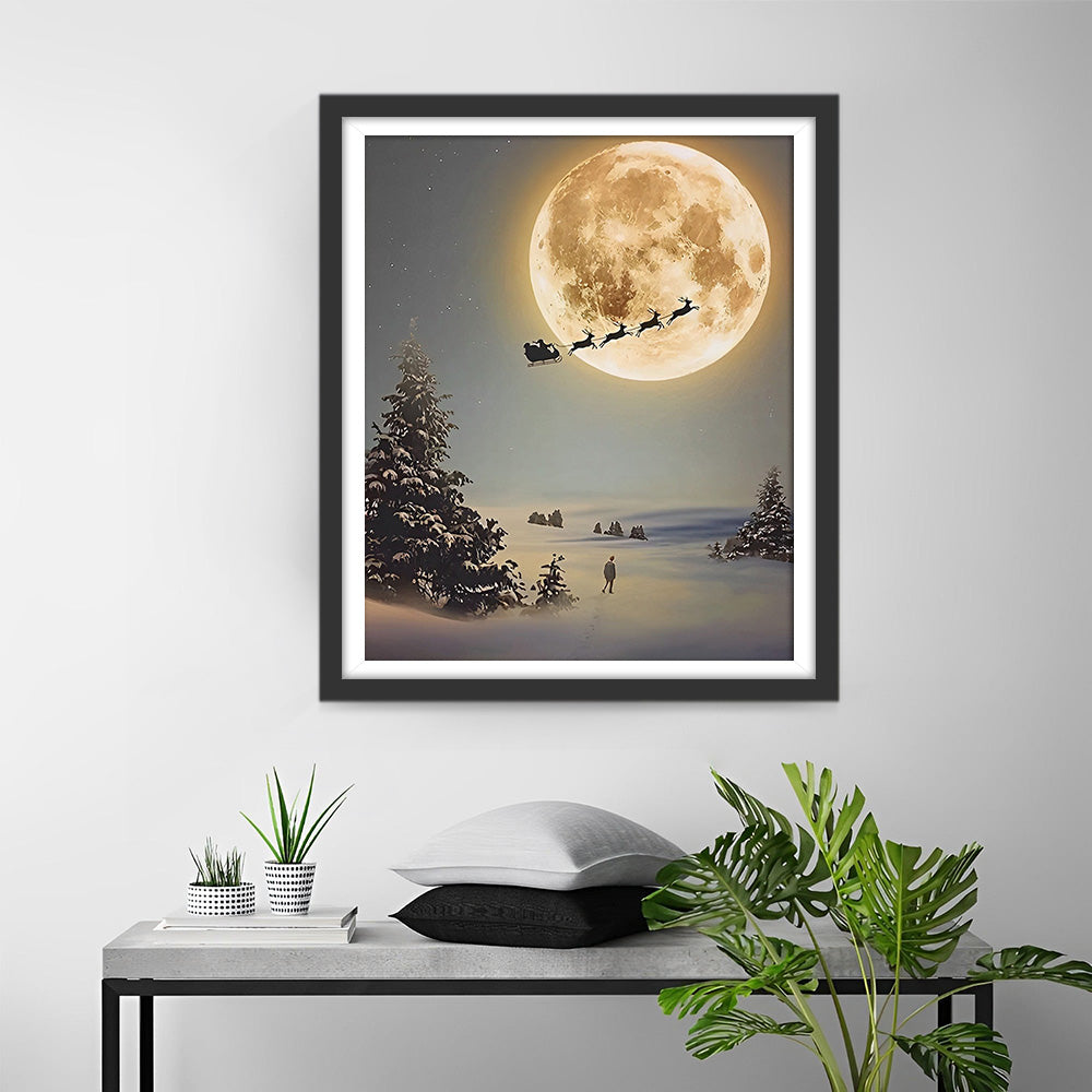 Kerstman en Eland Vliegen naar de Maan Diamond Painting