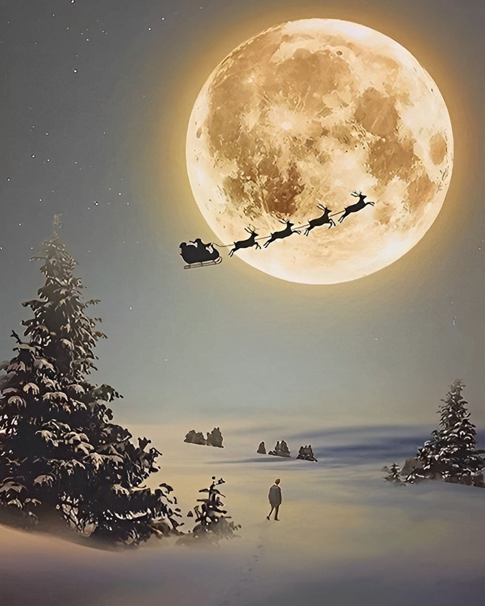 Kerstman en Eland Vliegen naar de Maan Diamond Painting