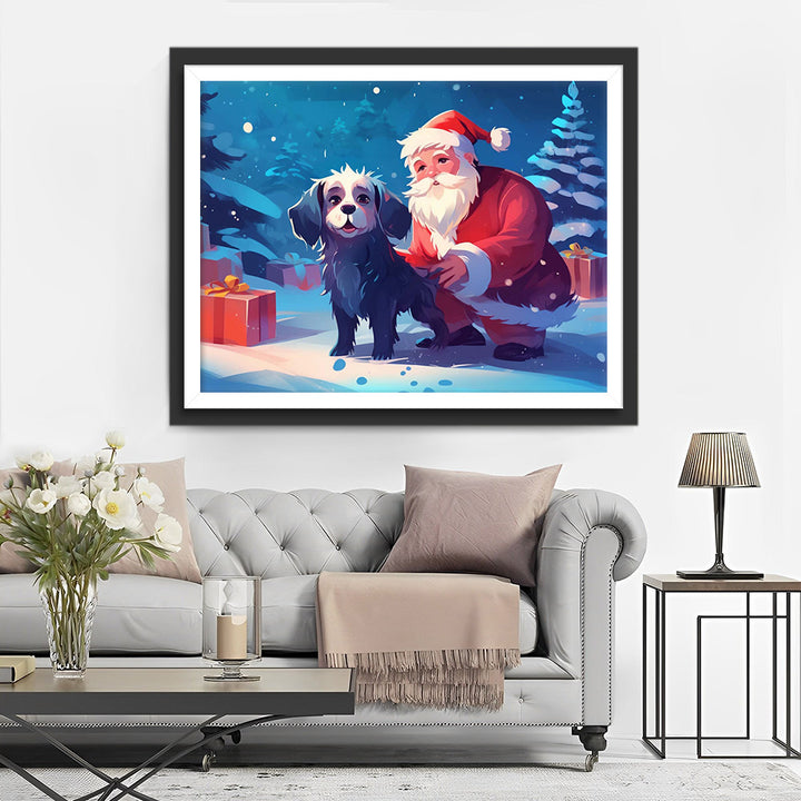 Kerstman en Zwarte Hond Diamond Painting