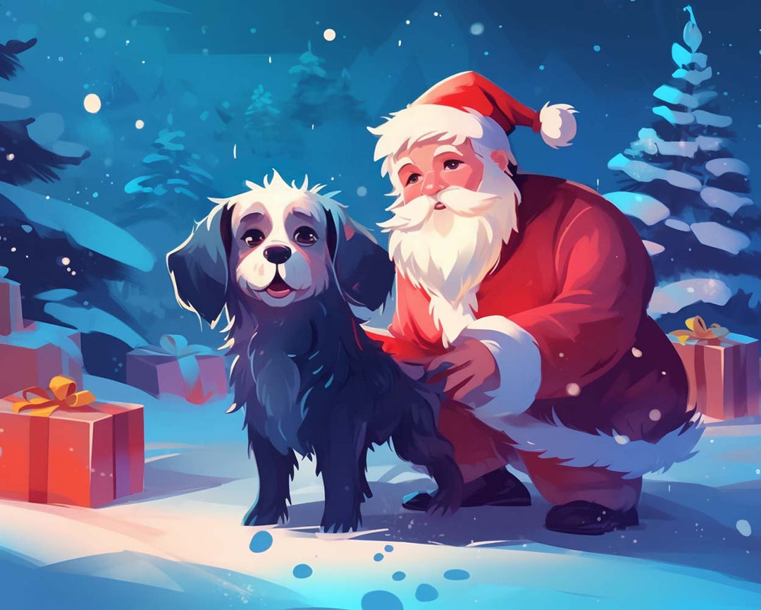 Kerstman en Zwarte Hond Diamond Painting