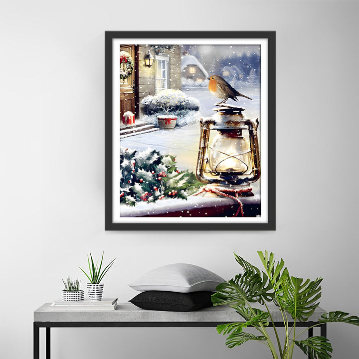 Kerstvogel en Petroleumlamp Diamond Painting