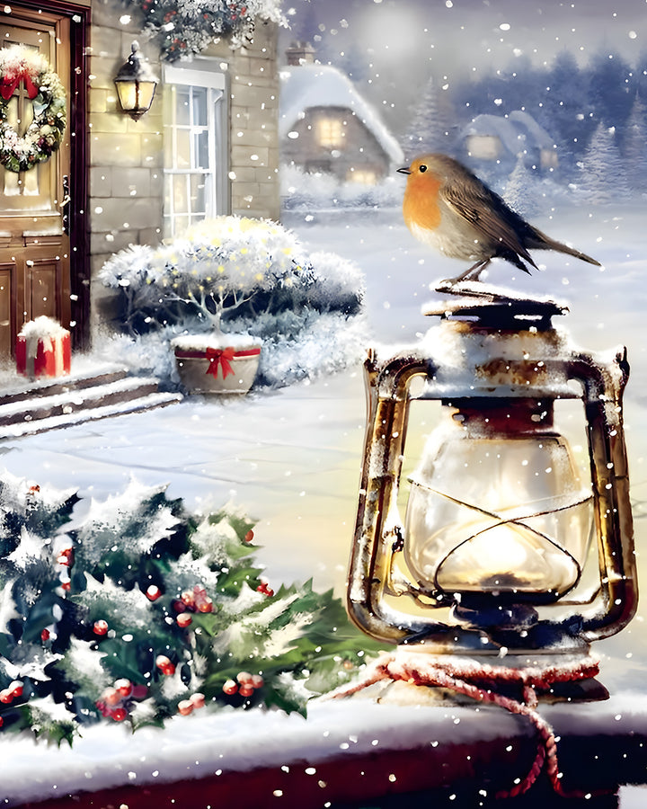 Kerstvogel en Petroleumlamp Diamond Painting
