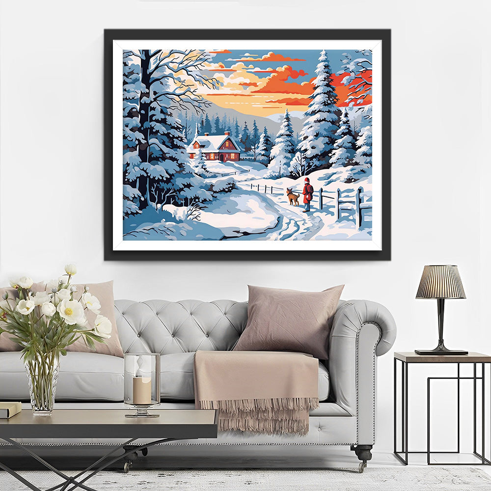 Kind en Puppy op een Sneeuweg Diamond Painting