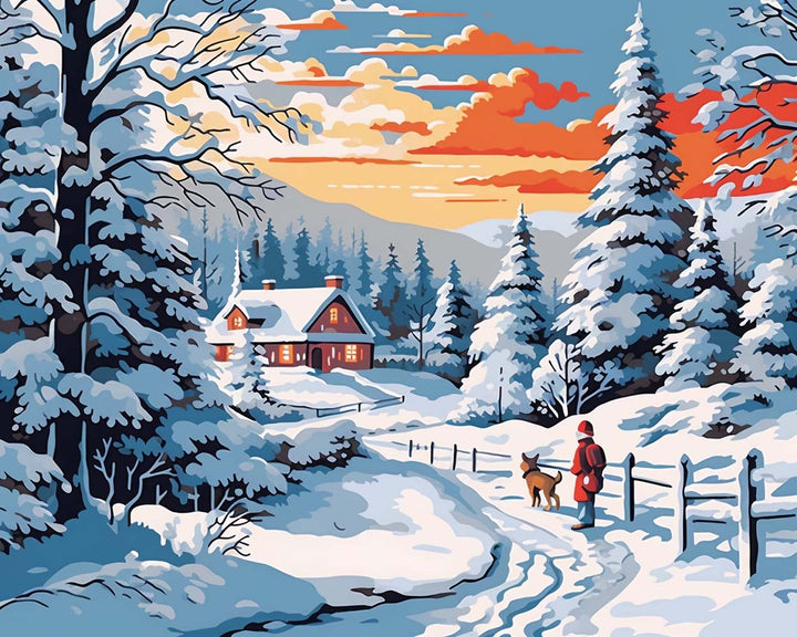 Kind en Puppy op een Sneeuweg Diamond Painting