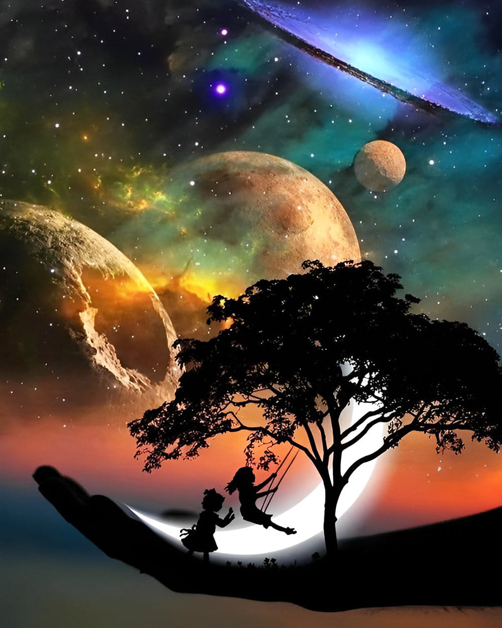 Kinderen Schommelen onder de Planeten Diamond Painting