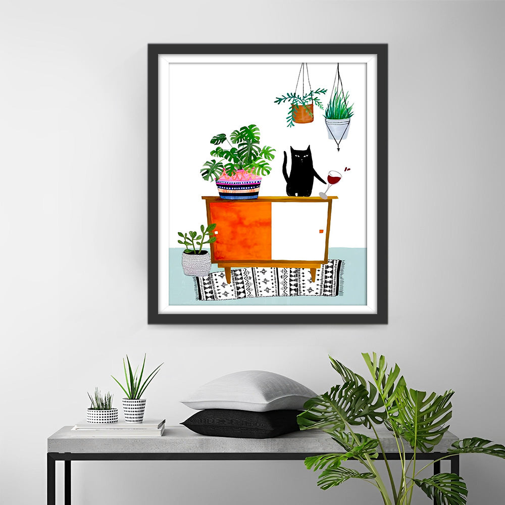 Kitten en Groene Kamerplanten op Het Kastje Diamond Painting