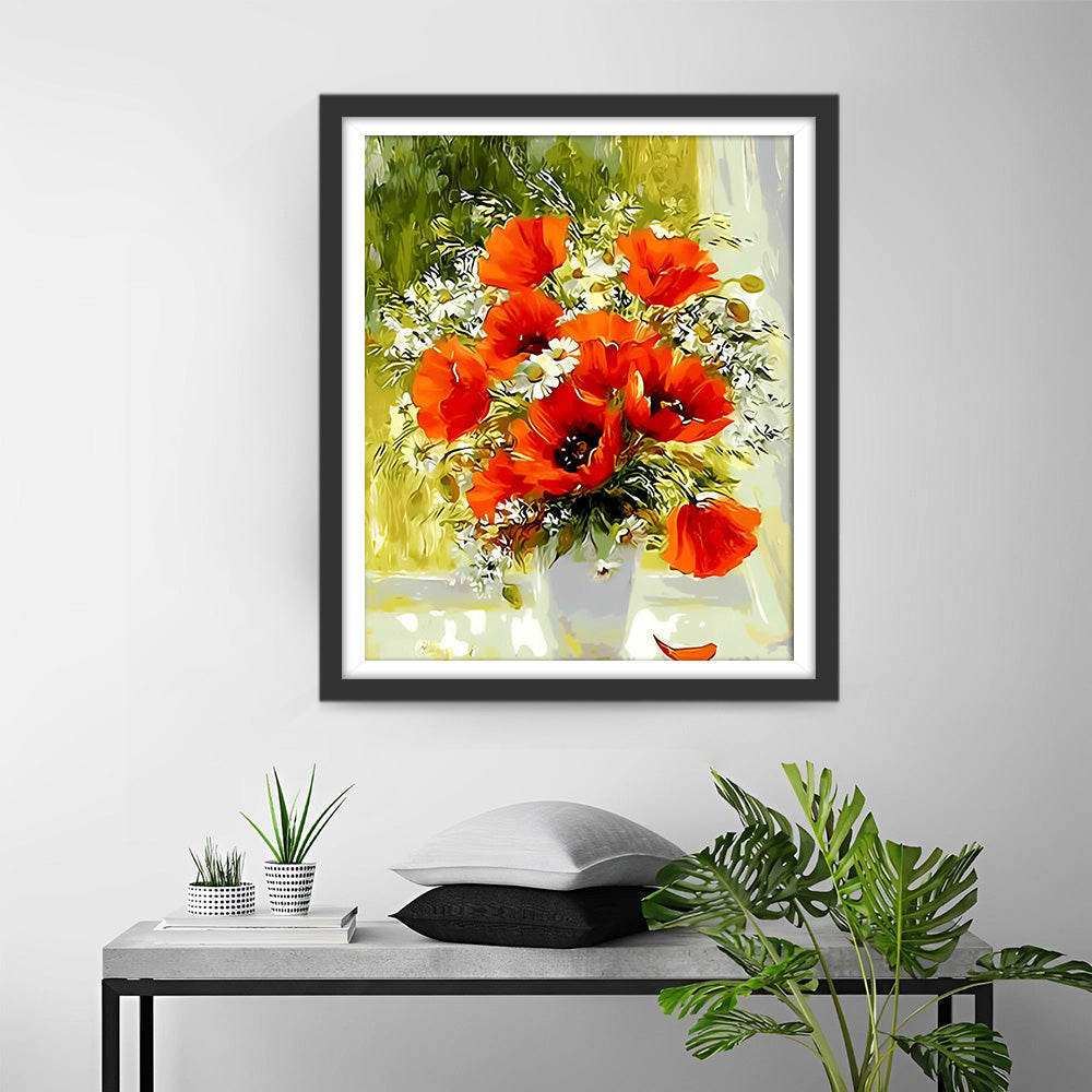 Klaprozen en Madeliefjes op het Vensterbank Diamond Painting