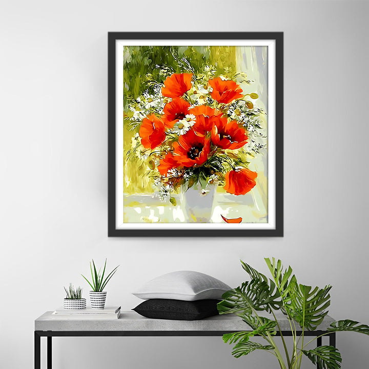 Klaprozen en Madeliefjes op het Vensterbank Diamond Painting