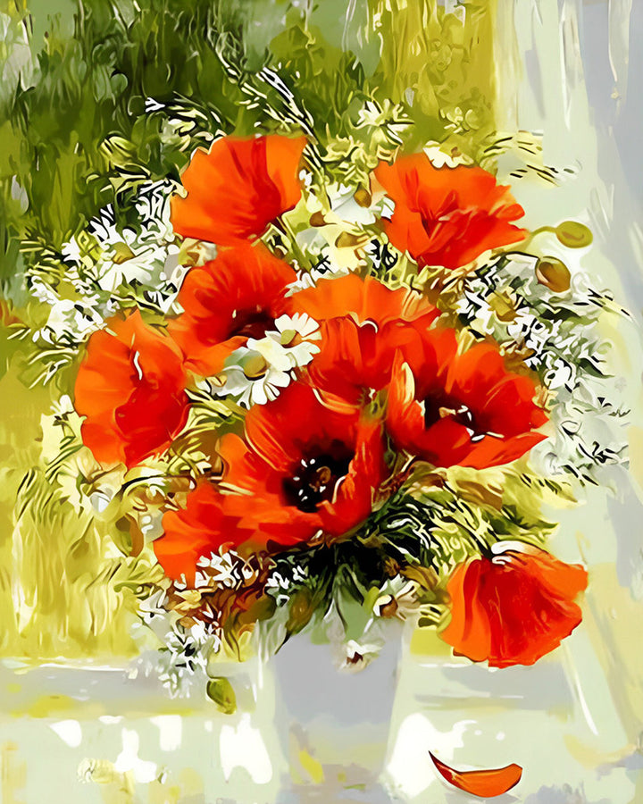 Klaprozen en Madeliefjes op het Vensterbank Diamond Painting