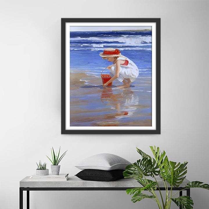 Klein Meisje Raapt Schelpen bij Zee Diamond Painting