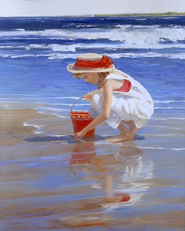 Klein Meisje Raapt Schelpen bij Zee Diamond Painting