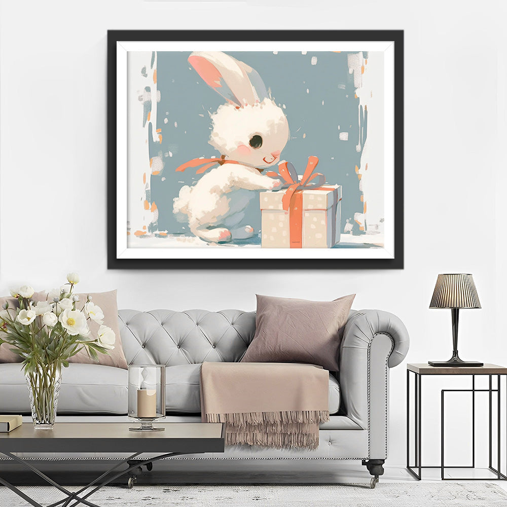 Klein Wit Konijntje Opent Cadeaudoosje Diamond Painting