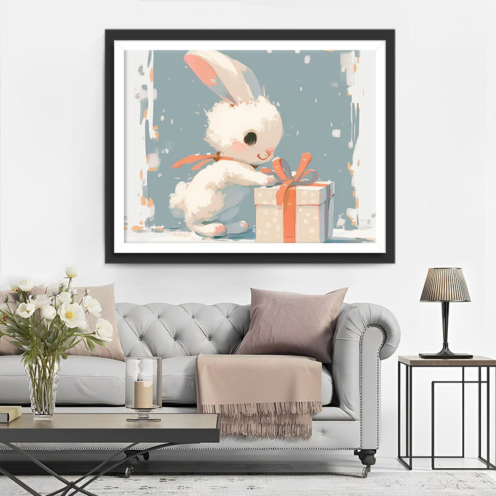 Klein Wit Konijntje Opent Cadeaudoosje Diamond Painting