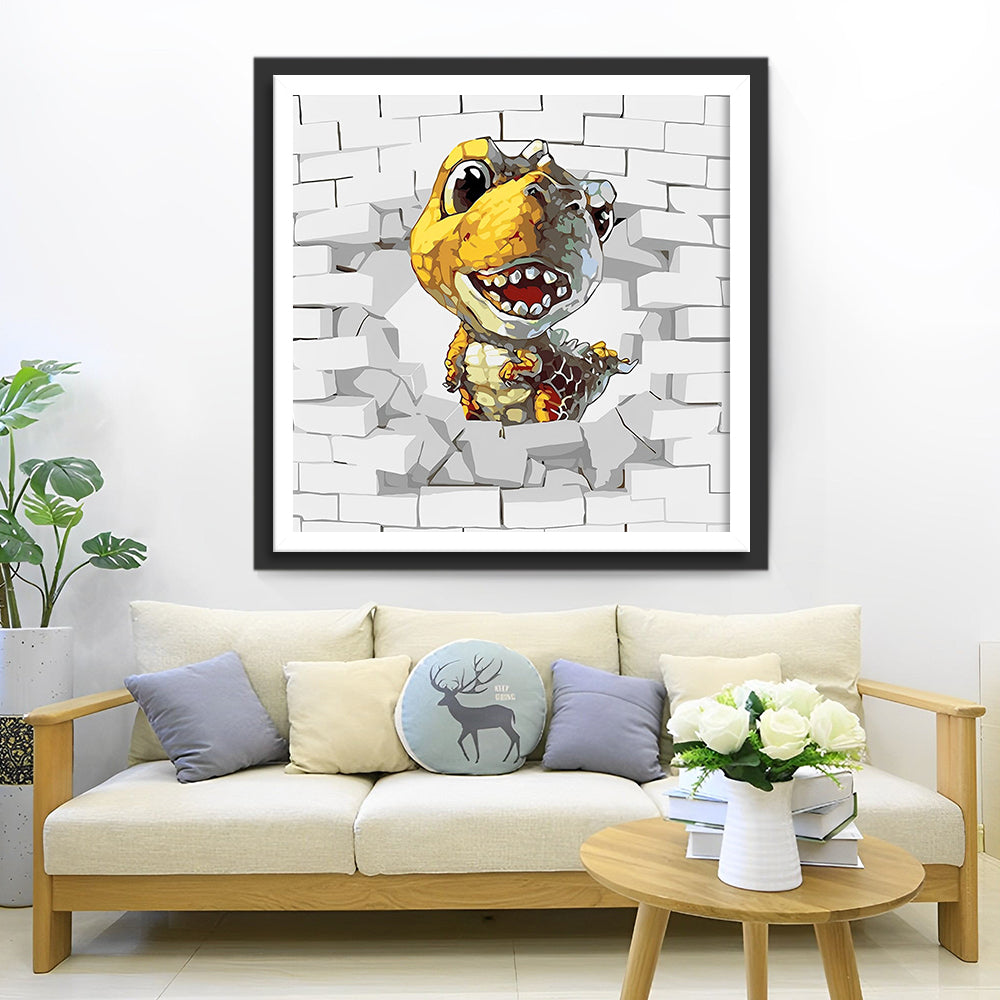 Kleine Dinosaurus Komt uit de Muur Diamond Painting