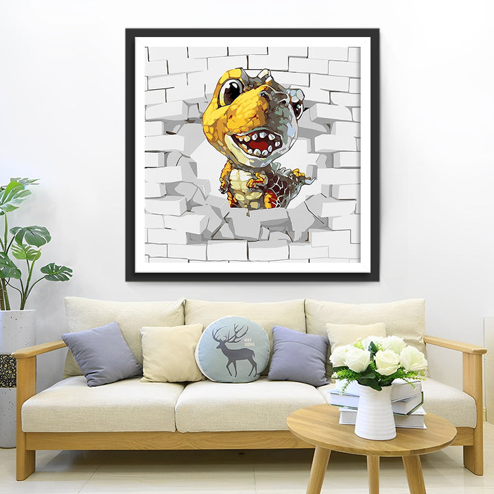 Kleine Dinosaurus Komt uit de Muur Diamond Painting