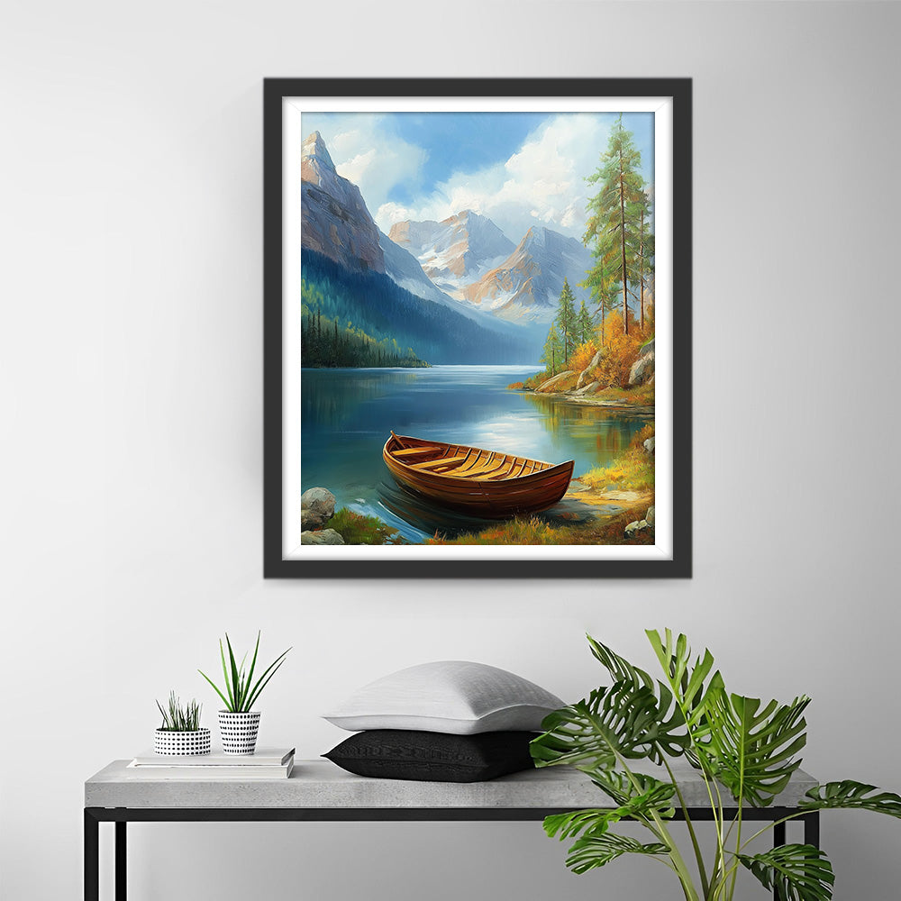 Kleine Houten Boot op het Bergmeer Diamond Painting