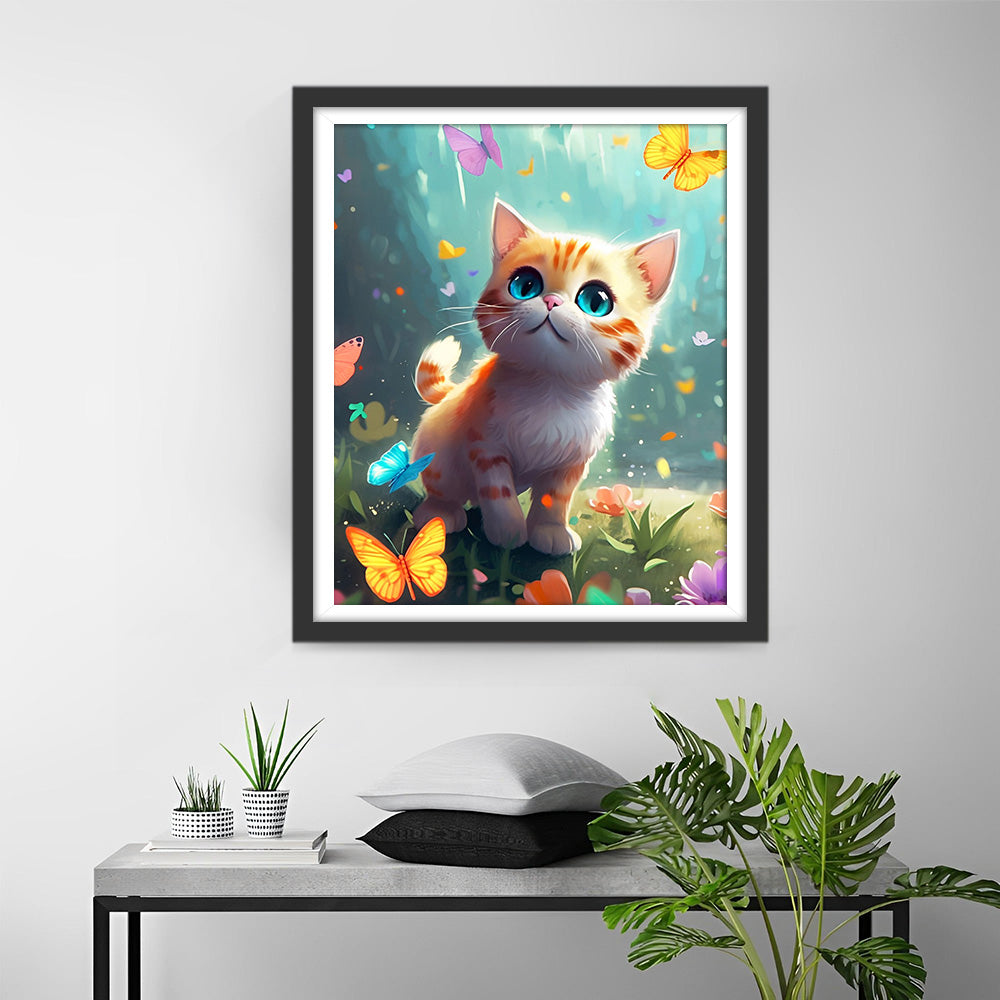 Kleine Oranje Kat Achtervolgt Vlinders Diamond Painting