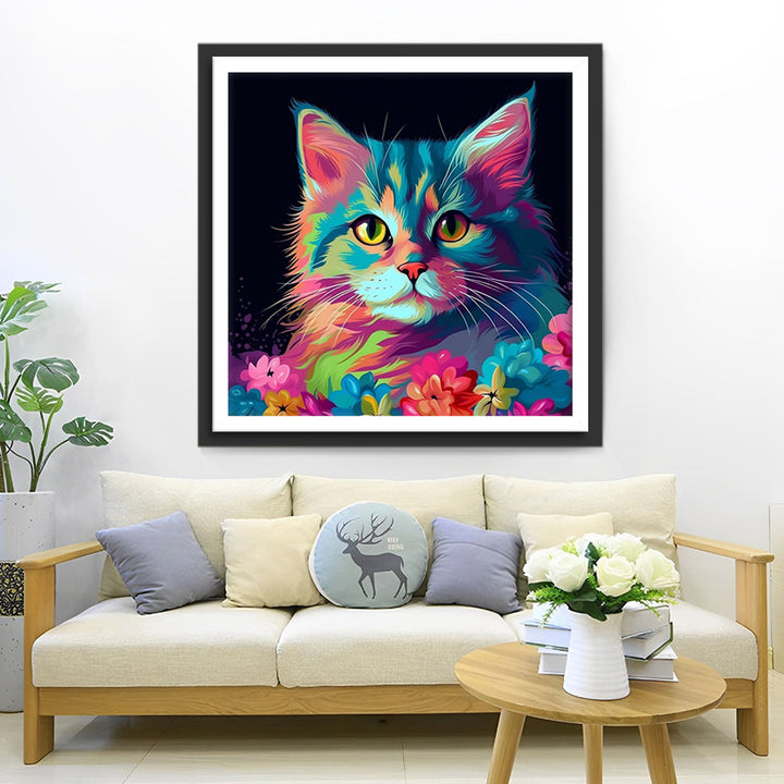 Kleurige Kat en Bloemen in het Donker Diamond Painting