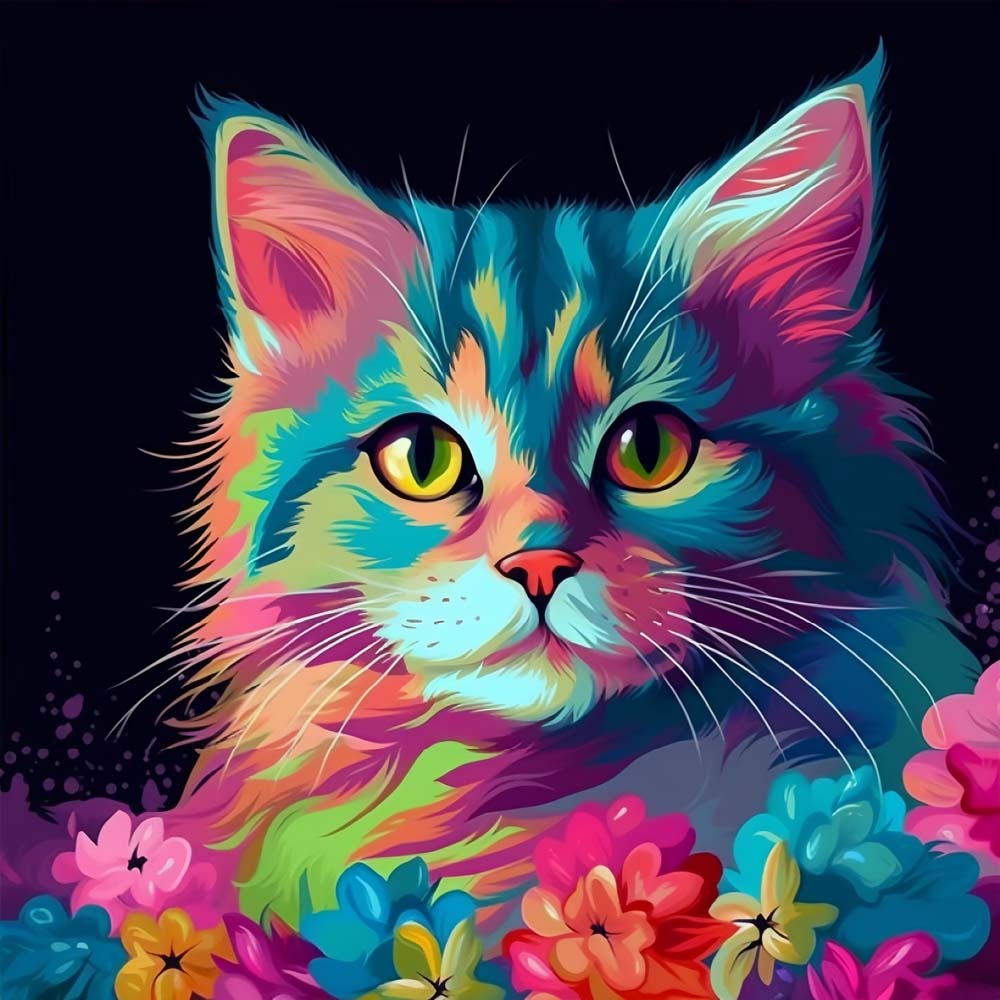 Kleurige Kat en Bloemen in het Donker Diamond Painting