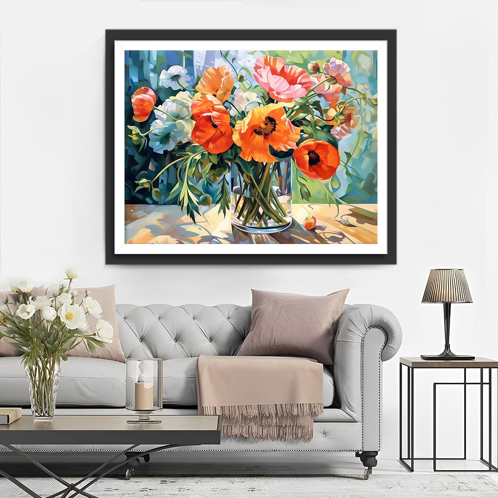 Kleurige Klaprozen in Glazen Vaas Diamond Painting