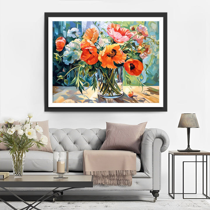 Kleurige Klaprozen in Glazen Vaas Diamond Painting