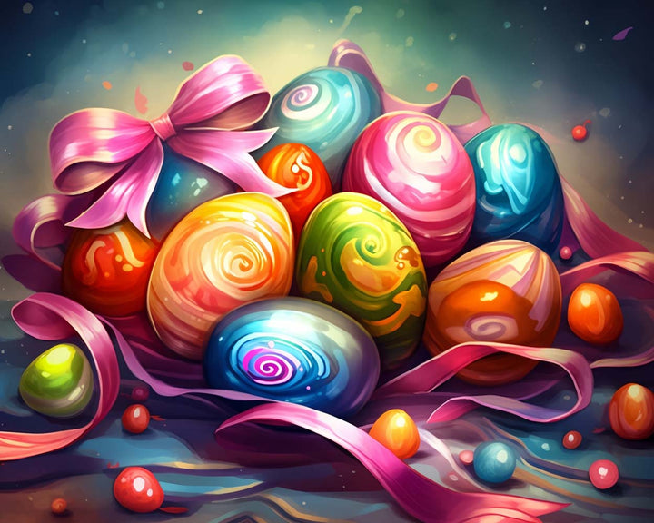 Kleurige Paaseieren en Roze Strik Diamond Painting