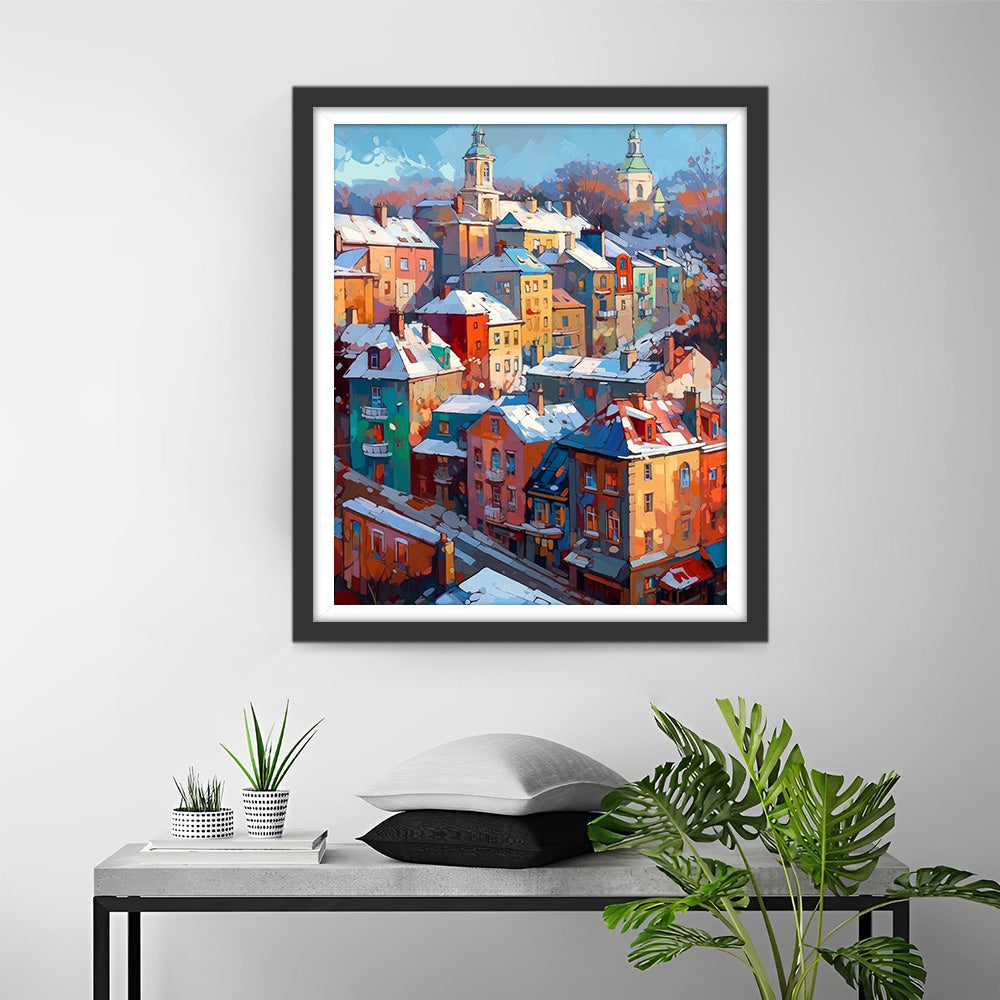 Kleurrijke Gebouwen in de Sneeuw Diamond Painting