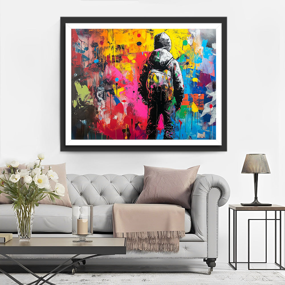 Kleurrijke Graffiti en Man met Rugzak Diamond Painting