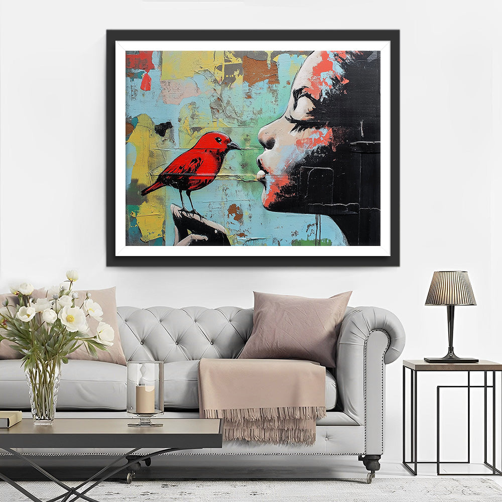 Kleurrijke Graffiti van Meisje met Rode Vogel Diamond Painting