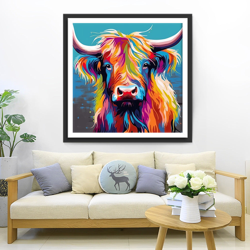 Kleurrijke Hooglandkoe Diamond Painting