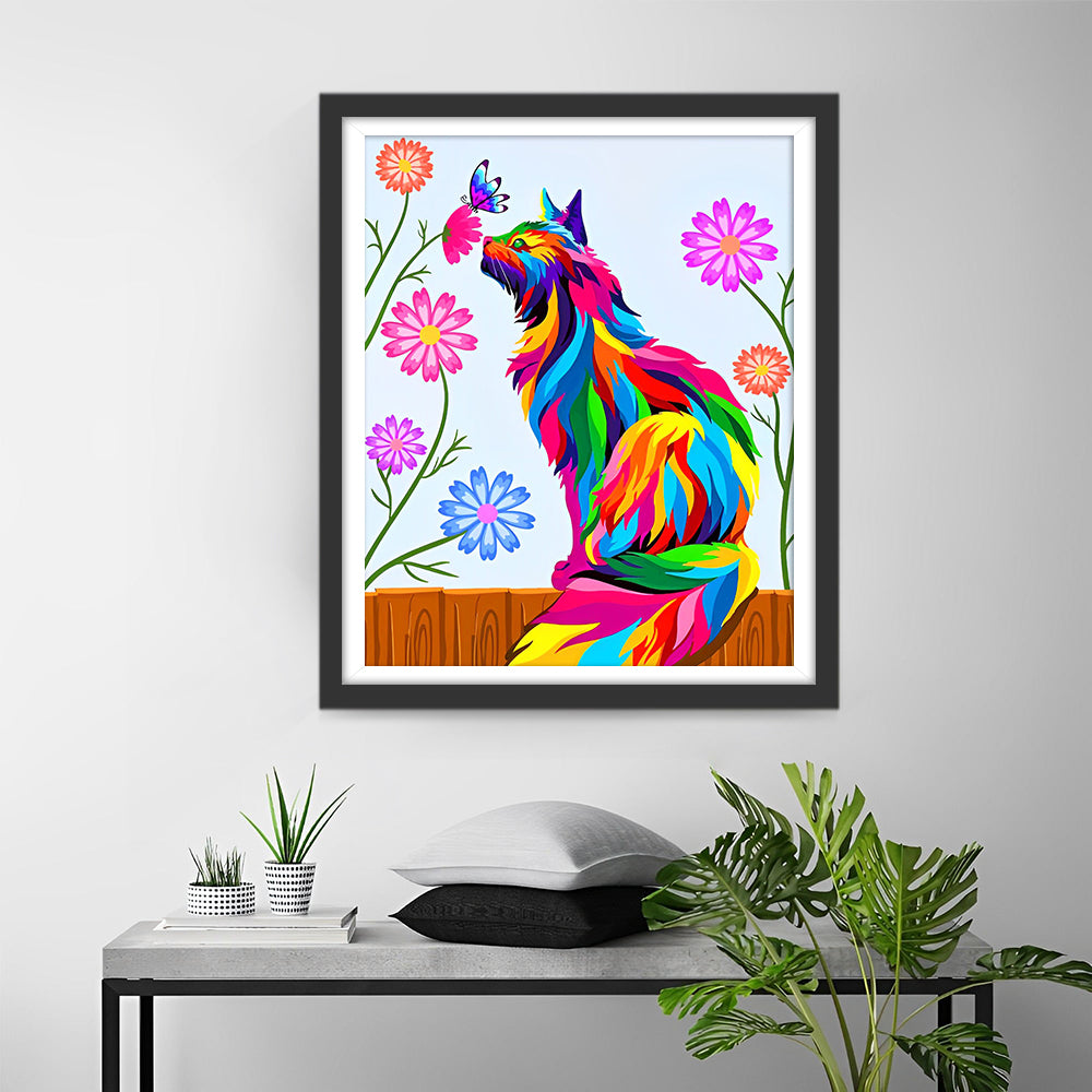 Kleurrijke Kat en Chrysanten Diamond Painting